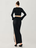 Bomve-Slinky Long Sleeve Knit Two Piece Slit Skirt Set