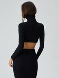 Bomve-Collared Long Sleeve Two Piece Ribbed Knit Slit Skirt Set