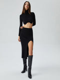 Bomve-Collared Long Sleeve Two Piece Ribbed Knit Slit Skirt Set