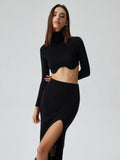 Bomve-Collared Long Sleeve Two Piece Ribbed Knit Slit Skirt Set