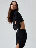 Bomve-Collared Long Sleeve Two Piece Ribbed Knit Slit Skirt Set