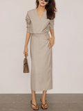 Bomve-Solid V-neck Belted Two Piece Skirt Set