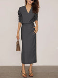 Bomve-Solid V-neck Belted Two Piece Skirt Set