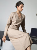 Bomve-Solid V-neck Belted Two Piece Skirt Set