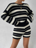 Bomve-Two Tone Striped Knit Two Pieces Shorts Set