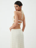 Bomve-Backless Halter Top With Pleated Maxi Skirt Set