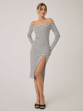 Bomve-Off-Shoulder Rosette Split Midi Dress