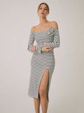 Bomve-Off-Shoulder Rosette Split Midi Dress