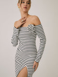 Bomve-Off-Shoulder Rosette Split Midi Dress