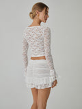 Bomve-Lace Long Sleeve Top With Pleated Mini Skirt Set