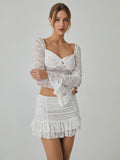 Bomve-Lace Long Sleeve Top With Pleated Mini Skirt Set