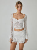 Bomve-Lace Long Sleeve Top With Pleated Mini Skirt Set