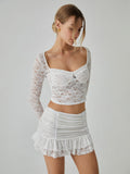 Bomve-Lace Long Sleeve Top With Pleated Mini Skirt Set