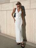 Bomve-Solid V-Neck Backless Tie Up Halter & Split Maxi Skirt Set