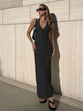 Bomve-Solid V-Neck Backless Tie Up Halter & Split Maxi Skirt Set