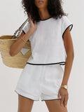 Bomve-Pure Cotton Contrast Trim Shorts Set