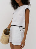 Bomve-Pure Cotton Contrast Trim Shorts Set