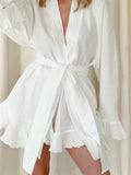 Bomve-Cotton Blends Ruffle Belted Shorts Set