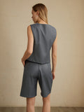 Bomve-Solid Waistcoat With Shorts Set