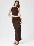 Bomve-Solid Asymmetrical Design Maxi Skirt Set