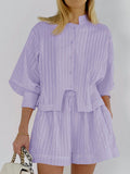 Bomve-Pure Cotton Pinstripe Long-Sleeve Shorts Set