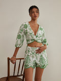 Bomve-Twist Detail Plant Embroidery Shorts Set