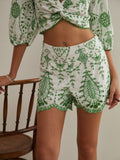 Bomve-Twist Detail Plant Embroidery Shorts Set