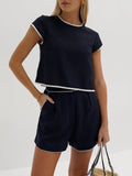 Bomve-Pure Cotton Contrast Trim Shorts Set