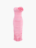 Bomve-Romantic Ruched Rosette Decor Midi Dress