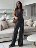 Bomve-Solid V-Neck Waistcoat With Wide Leg Pants Set