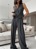 Bomve-Solid V-Neck Waistcoat With Wide Leg Pants Set