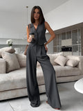 Bomve-Solid V-Neck Waistcoat With Wide Leg Pants Set