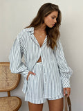 Bomve-Oversized Striped Pockets Casual Shorts Set