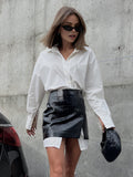 Bomve-Casual Solid Shirt With Faux Leather Mini Skirt Set