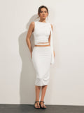 Bomve-Solid Sleeveless Knotted Skirt Set