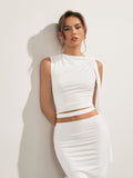 Bomve-Solid Sleeveless Knotted Skirt Set