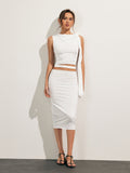 Bomve-Solid Sleeveless Knotted Skirt Set