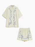 Bomve-Plant Embroidery Leisure Shorts Set