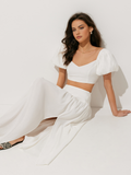 Bomve-Puff Sleeve Crop Top With Split Thigh Skirt Set