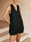 Bomve-V-neck Sleeveless Vest with High-waisted Shorts Set