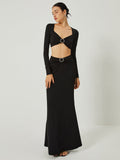 Bomve-Long Sleeve Crop Top With Long Skirt Set