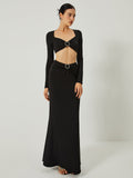 Bomve-Long Sleeve Crop Top With Long Skirt Set