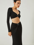 Bomve-Long Sleeve Crop Top With Long Skirt Set