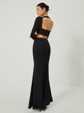 Bomve-Long Sleeve Crop Top With Long Skirt Set