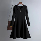 Bomve-Black Friday-Winter outfits  Long Sleeved High Waisted Short Knitted Dress Women Solid High Collar Sweater A-line Dresses Autumn Chic Female Street