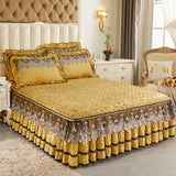 Luxury Gold Yellow Crystal Velvet Lace Embroidery Bedding Set, Thick Duvet Cover Set, Quilted Bed Skirt, Bedspread Pillowcases