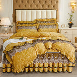 Luxury Gold Yellow Crystal Velvet Lace Embroidery Bedding Set, Thick Duvet Cover Set, Quilted Bed Skirt, Bedspread Pillowcases