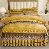 Luxury Gold Yellow Crystal Velvet Lace Embroidery Bedding Set, Thick Duvet Cover Set, Quilted Bed Skirt, Bedspread Pillowcases