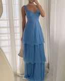 blue dress Fashion Elegant Dress 2024 Summer Sexy Sleeveless Multi-Layer Pleated Solid Color Dress