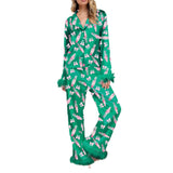 christmas pajamas aesthetic Winter outfits  Cyber Monday 2024 new year Women's Christmas Satin Print Casual Long-Sleeved Trousers Pajamas Suit Women